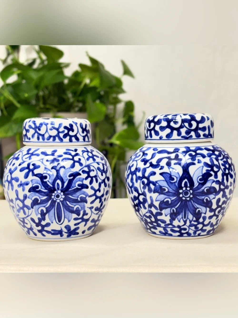 Vintage Miniature Blue and White Ceramic Ginger Jars with lids  Set of 2
